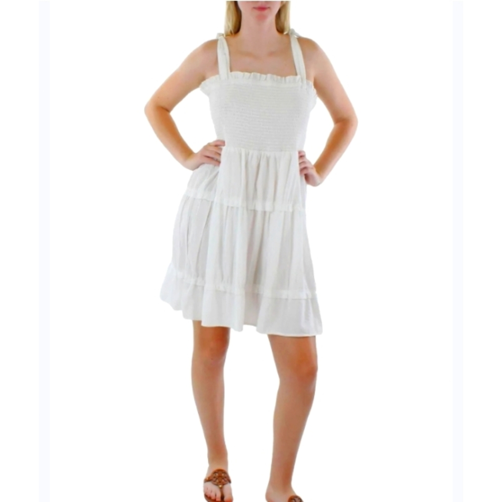 Tash&Sophie Large Three Tiered Ruffled Square Neck Tie Shoulder White Boho Dress